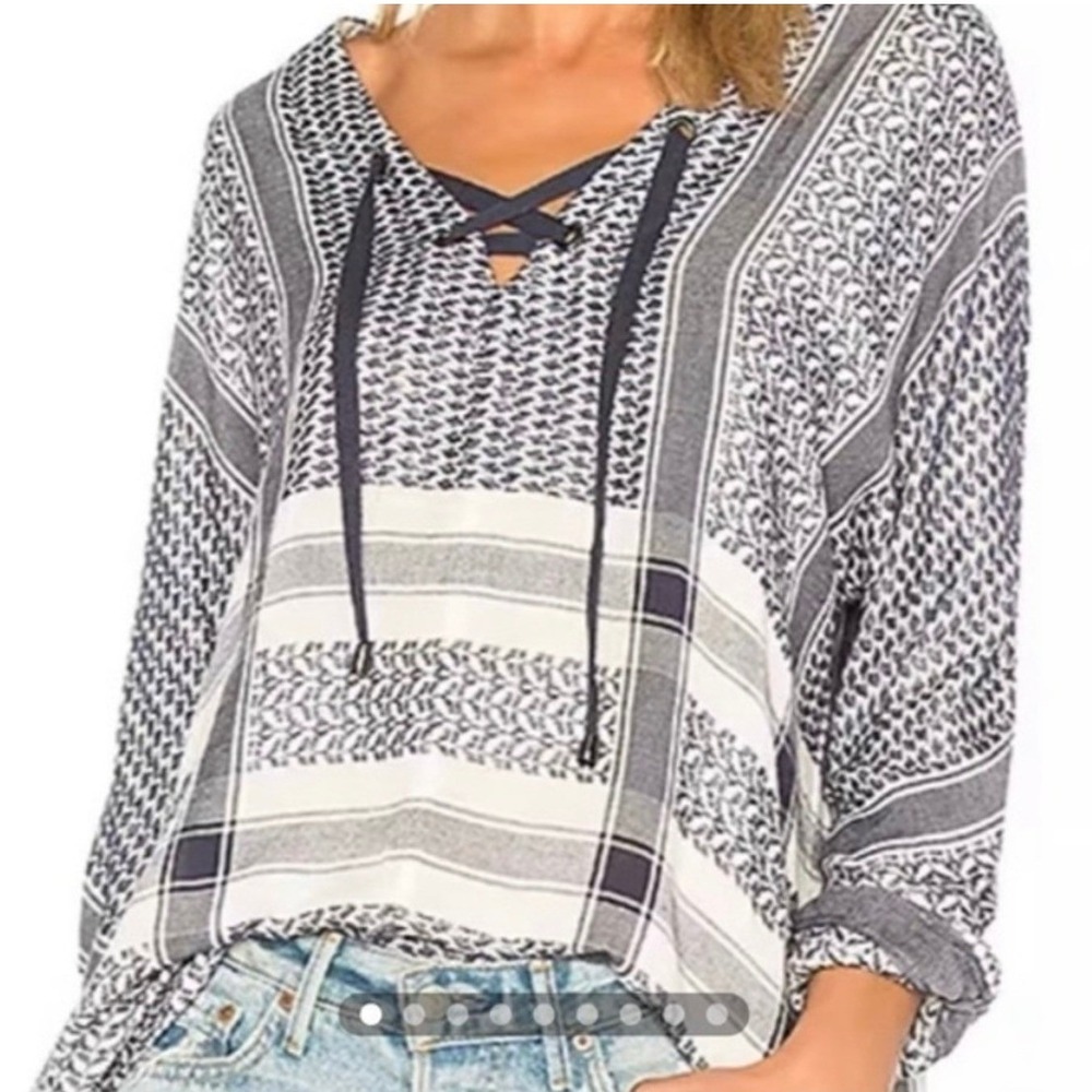 Rails Blue Lily Lace Up Jacquard Tunic Blouse Womens XS Boho Coastal Lightweight